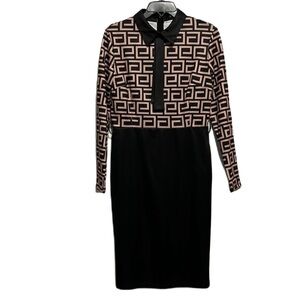 CHICME Long Sleeve Dress With attached Tie, Black/Tan, Size Large